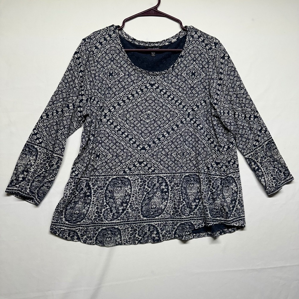 Lucky Brand Navy and White Paisley 3/4 Sleeve Top Size XL